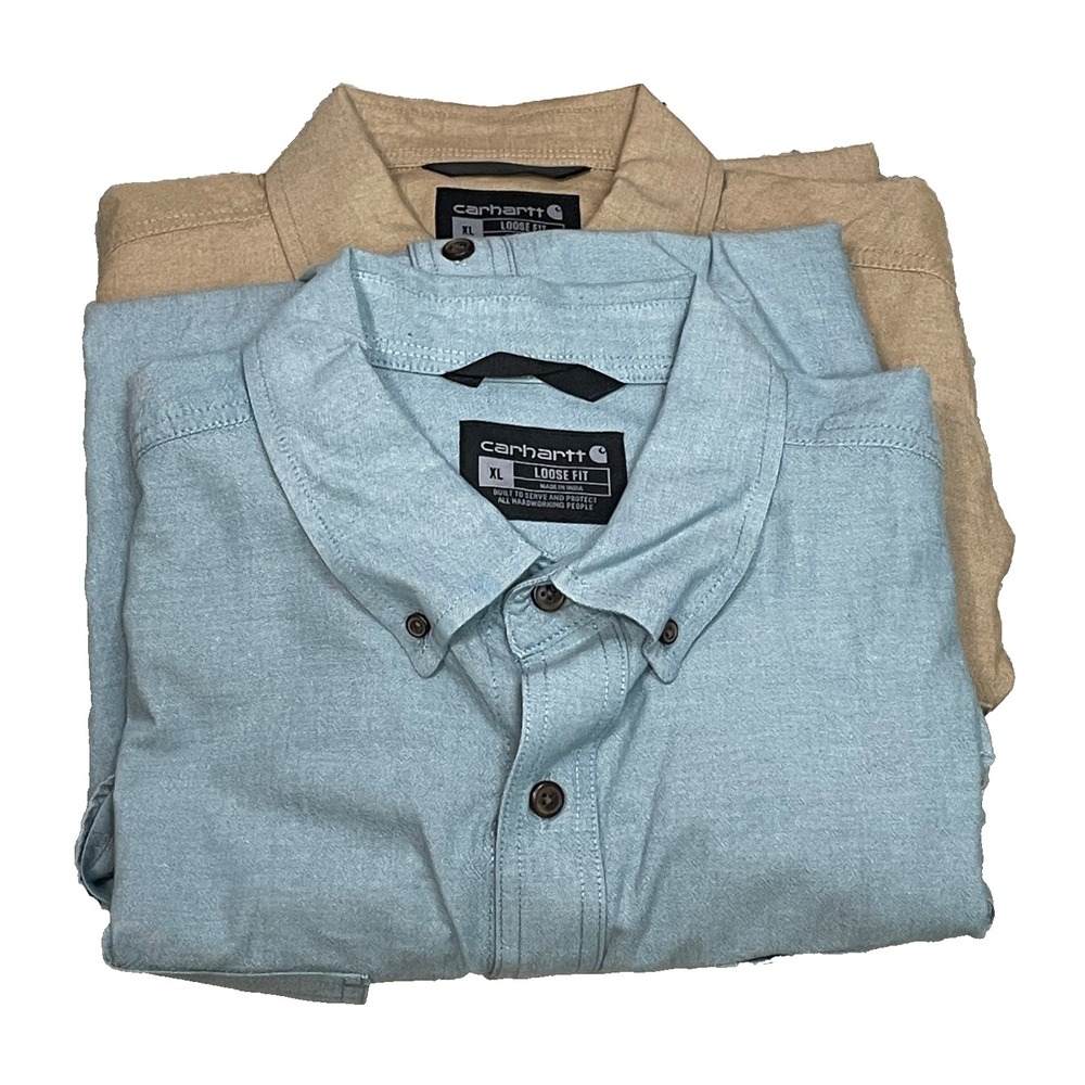 Carhartt‎ Lot of 2 Shirts XL Tan Blue Loose Fit Midweight Chambray Short Sleeve
